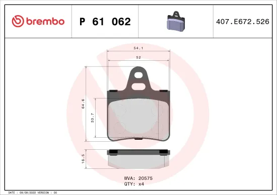 Bremsbelagsatz, Scheibenbremse Hinterachse BREMBO P 61 062 Bild Bremsbelagsatz, Scheibenbremse Hinterachse BREMBO P 61 062