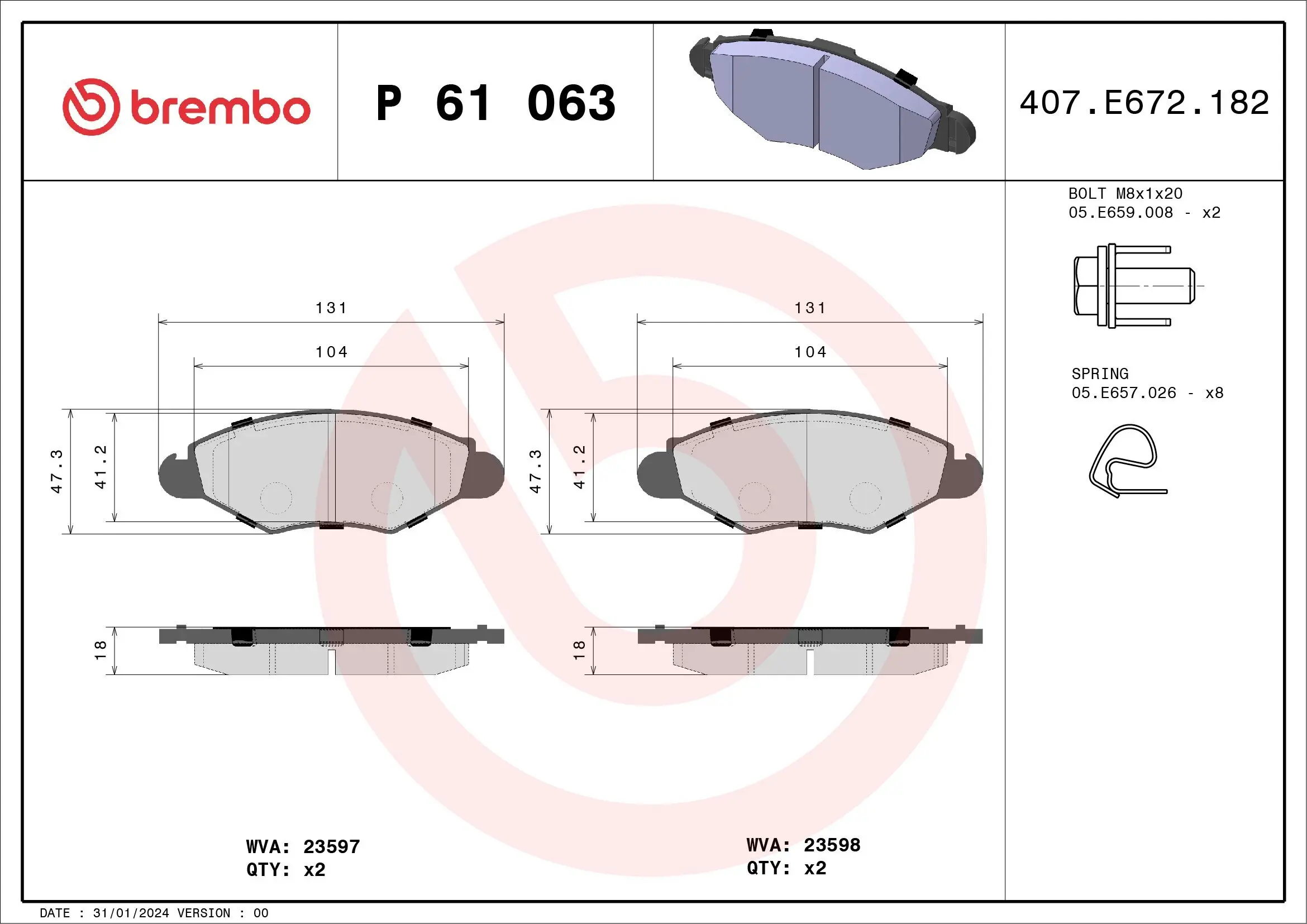 Bremsbelagsatz, Scheibenbremse Vorderachse BREMBO P 61 063