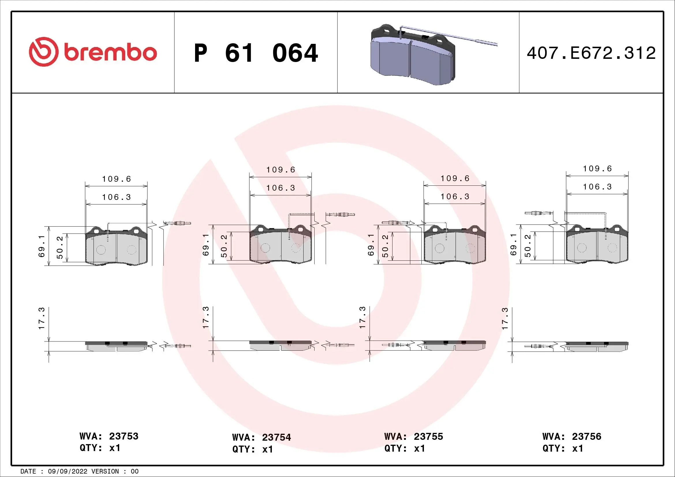 Bremsbelagsatz, Scheibenbremse Vorderachse BREMBO P 61 064