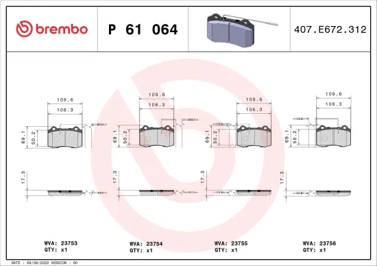 Bremsbelagsatz, Scheibenbremse Vorderachse BREMBO P 61 064 Bild Bremsbelagsatz, Scheibenbremse Vorderachse BREMBO P 61 064
