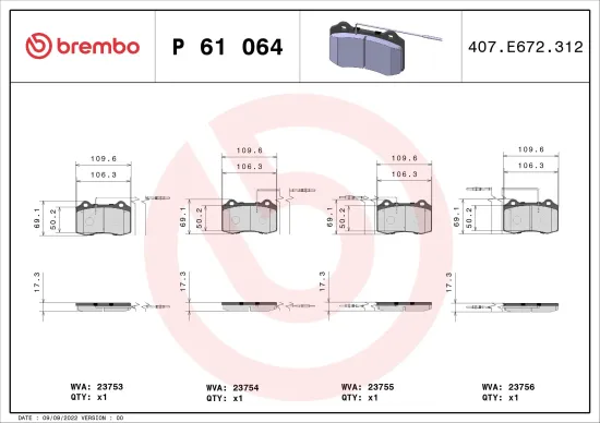 Bremsbelagsatz, Scheibenbremse Vorderachse BREMBO P 61 064 Bild Bremsbelagsatz, Scheibenbremse Vorderachse BREMBO P 61 064