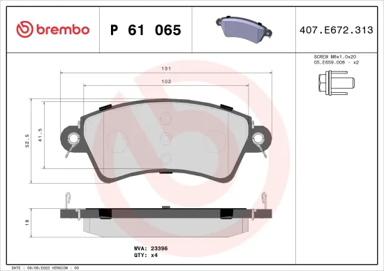 Bremsbelagsatz, Scheibenbremse Vorderachse BREMBO P 61 065 Bild Bremsbelagsatz, Scheibenbremse Vorderachse BREMBO P 61 065