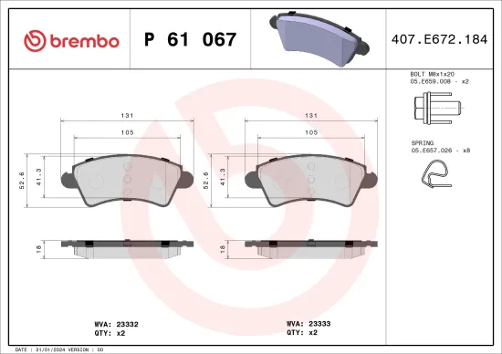 Bremsbelagsatz, Scheibenbremse Vorderachse BREMBO P 61 067 Bild Bremsbelagsatz, Scheibenbremse Vorderachse BREMBO P 61 067