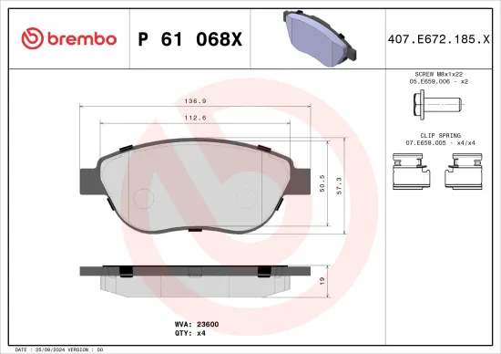 Bremsbelagsatz, Scheibenbremse Vorderachse BREMBO P 61 068X Bild Bremsbelagsatz, Scheibenbremse Vorderachse BREMBO P 61 068X