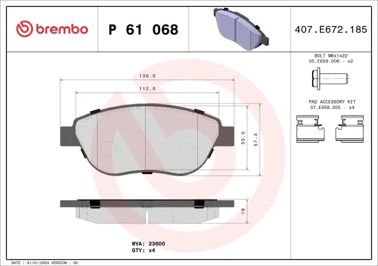 Bremsbelagsatz, Scheibenbremse BREMBO P 61 068 Bild Bremsbelagsatz, Scheibenbremse BREMBO P 61 068