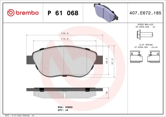 Bremsbelagsatz, Scheibenbremse Vorderachse BREMBO P 61 068 Bild Bremsbelagsatz, Scheibenbremse Vorderachse BREMBO P 61 068