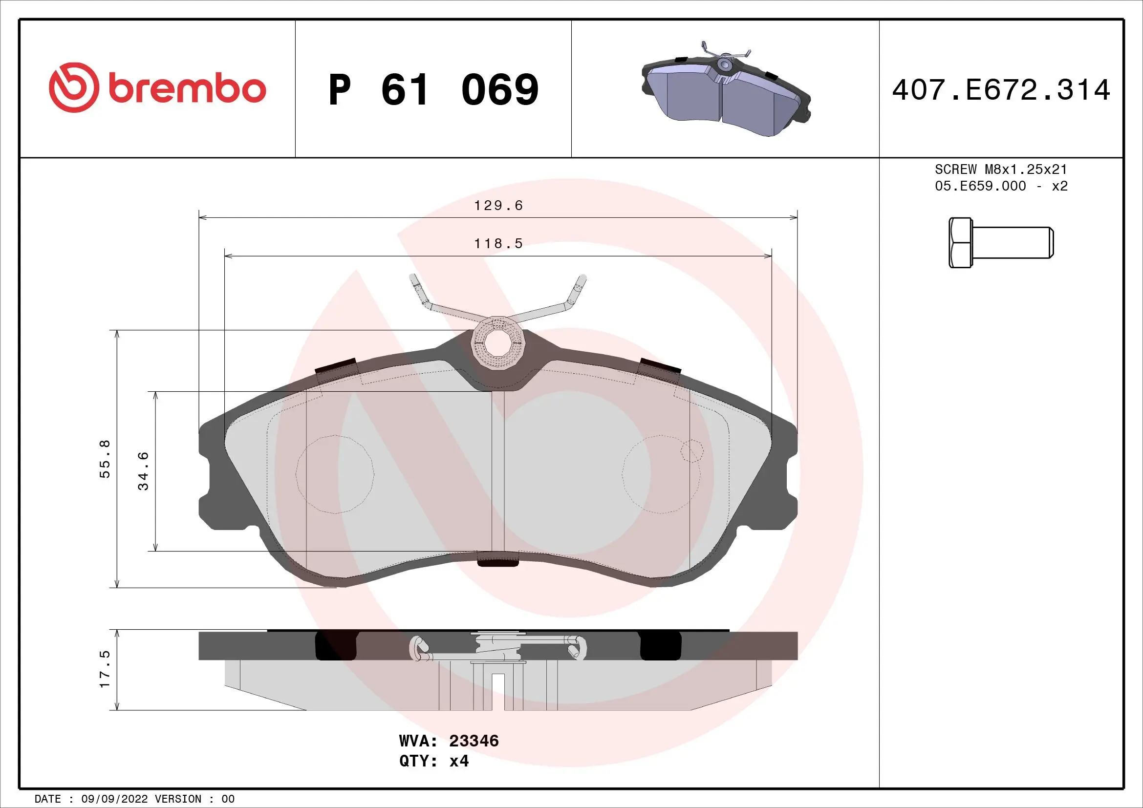 Bremsbelagsatz, Scheibenbremse BREMBO P 61 069