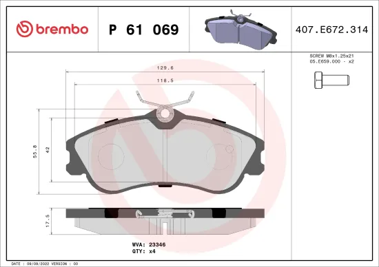 Bremsbelagsatz, Scheibenbremse Vorderachse BREMBO P 61 069 Bild Bremsbelagsatz, Scheibenbremse Vorderachse BREMBO P 61 069