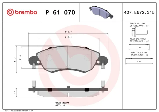Bremsbelagsatz, Scheibenbremse Vorderachse BREMBO P 61 070 Bild Bremsbelagsatz, Scheibenbremse Vorderachse BREMBO P 61 070