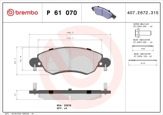 Bremsbelagsatz, Scheibenbremse Vorderachse BREMBO P 61 070 Bild Bremsbelagsatz, Scheibenbremse Vorderachse BREMBO P 61 070