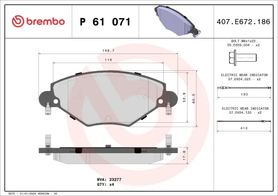 Bremsbelagsatz, Scheibenbremse Vorderachse BREMBO P 61 071 Bild Bremsbelagsatz, Scheibenbremse Vorderachse BREMBO P 61 071