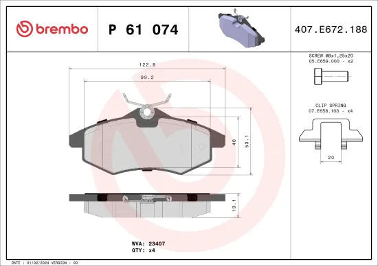 Bremsbelagsatz, Scheibenbremse Vorderachse BREMBO P 61 074 Bild Bremsbelagsatz, Scheibenbremse Vorderachse BREMBO P 61 074