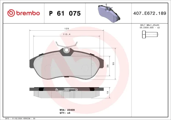 Bremsbelagsatz, Scheibenbremse BREMBO P 61 075 Bild Bremsbelagsatz, Scheibenbremse BREMBO P 61 075