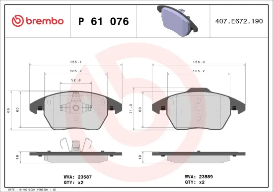 Bremsbelagsatz, Scheibenbremse Vorderachse BREMBO P 61 076 Bild Bremsbelagsatz, Scheibenbremse Vorderachse BREMBO P 61 076