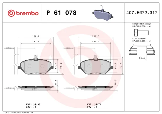 Bremsbelagsatz, Scheibenbremse Vorderachse BREMBO P 61 078 Bild Bremsbelagsatz, Scheibenbremse Vorderachse BREMBO P 61 078