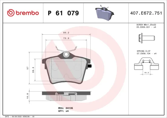 Bremsbelagsatz, Scheibenbremse Hinterachse BREMBO P 61 079 Bild Bremsbelagsatz, Scheibenbremse Hinterachse BREMBO P 61 079