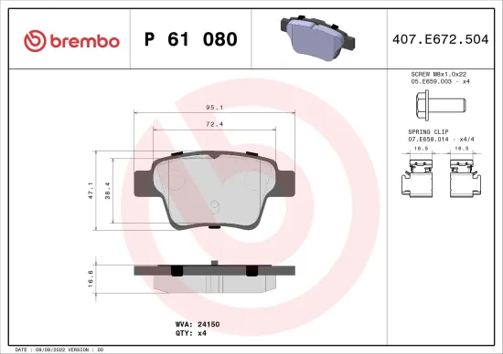 Bremsbelagsatz, Scheibenbremse Hinterachse BREMBO P 61 080 Bild Bremsbelagsatz, Scheibenbremse Hinterachse BREMBO P 61 080