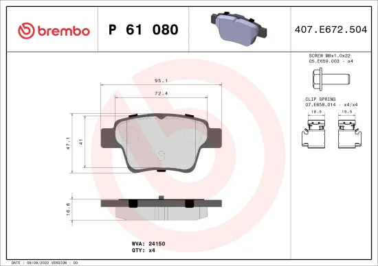 Bremsbelagsatz, Scheibenbremse Hinterachse BREMBO P 61 080 Bild Bremsbelagsatz, Scheibenbremse Hinterachse BREMBO P 61 080