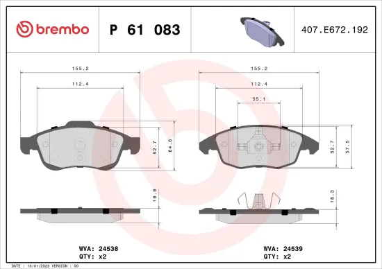 Bremsbelagsatz, Scheibenbremse Vorderachse BREMBO P 61 083 Bild Bremsbelagsatz, Scheibenbremse Vorderachse BREMBO P 61 083