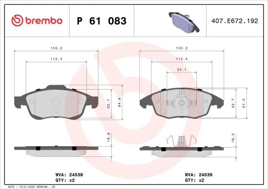 Bremsbelagsatz, Scheibenbremse Vorderachse BREMBO P 61 083 Bild Bremsbelagsatz, Scheibenbremse Vorderachse BREMBO P 61 083