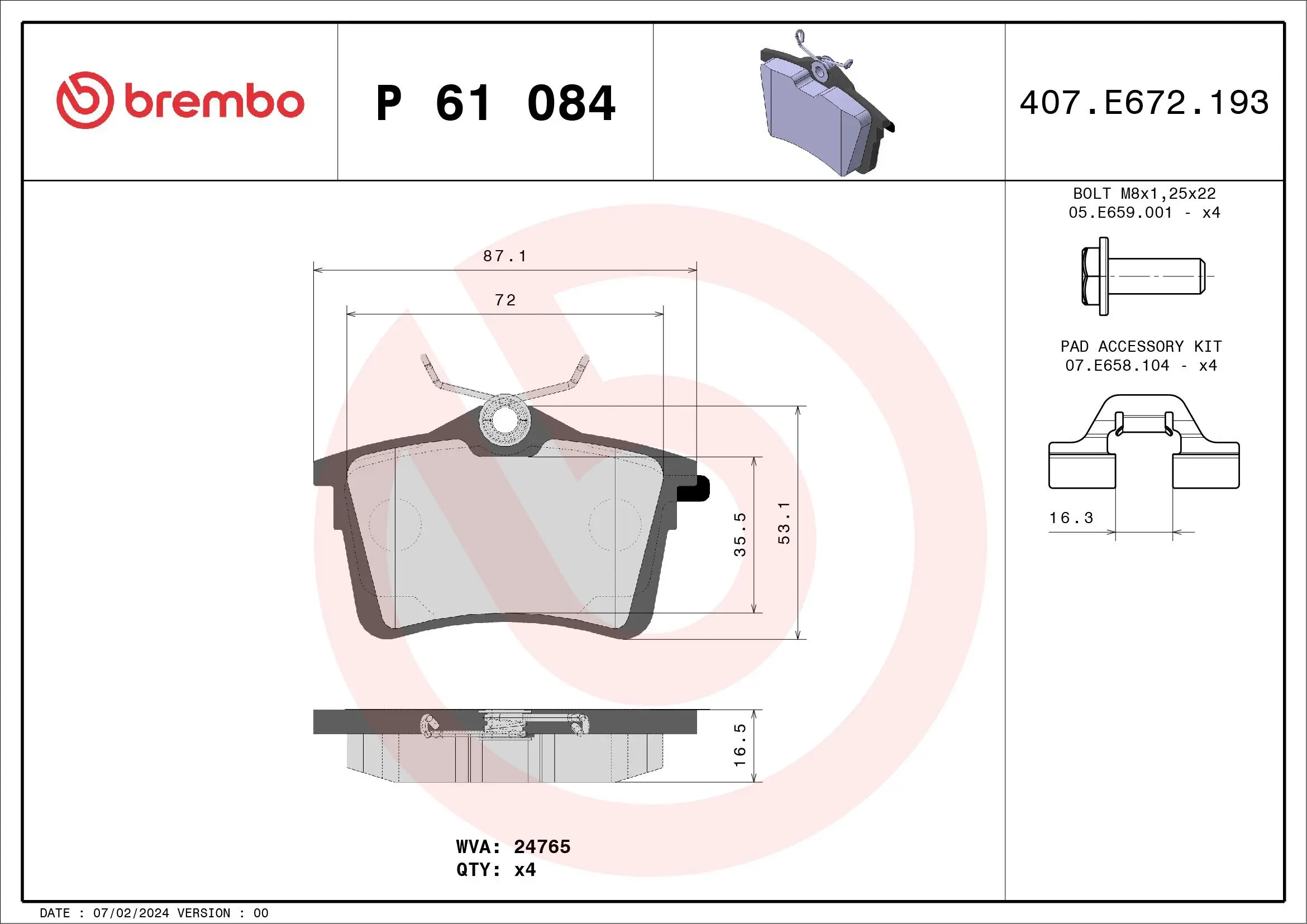 Bremsbelagsatz, Scheibenbremse Hinterachse BREMBO P 61 084