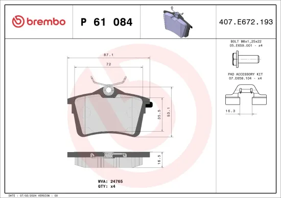 Bremsbelagsatz, Scheibenbremse Hinterachse BREMBO P 61 084 Bild Bremsbelagsatz, Scheibenbremse Hinterachse BREMBO P 61 084