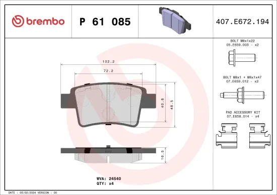 Bremsbelagsatz, Scheibenbremse Hinterachse BREMBO P 61 085 Bild Bremsbelagsatz, Scheibenbremse Hinterachse BREMBO P 61 085