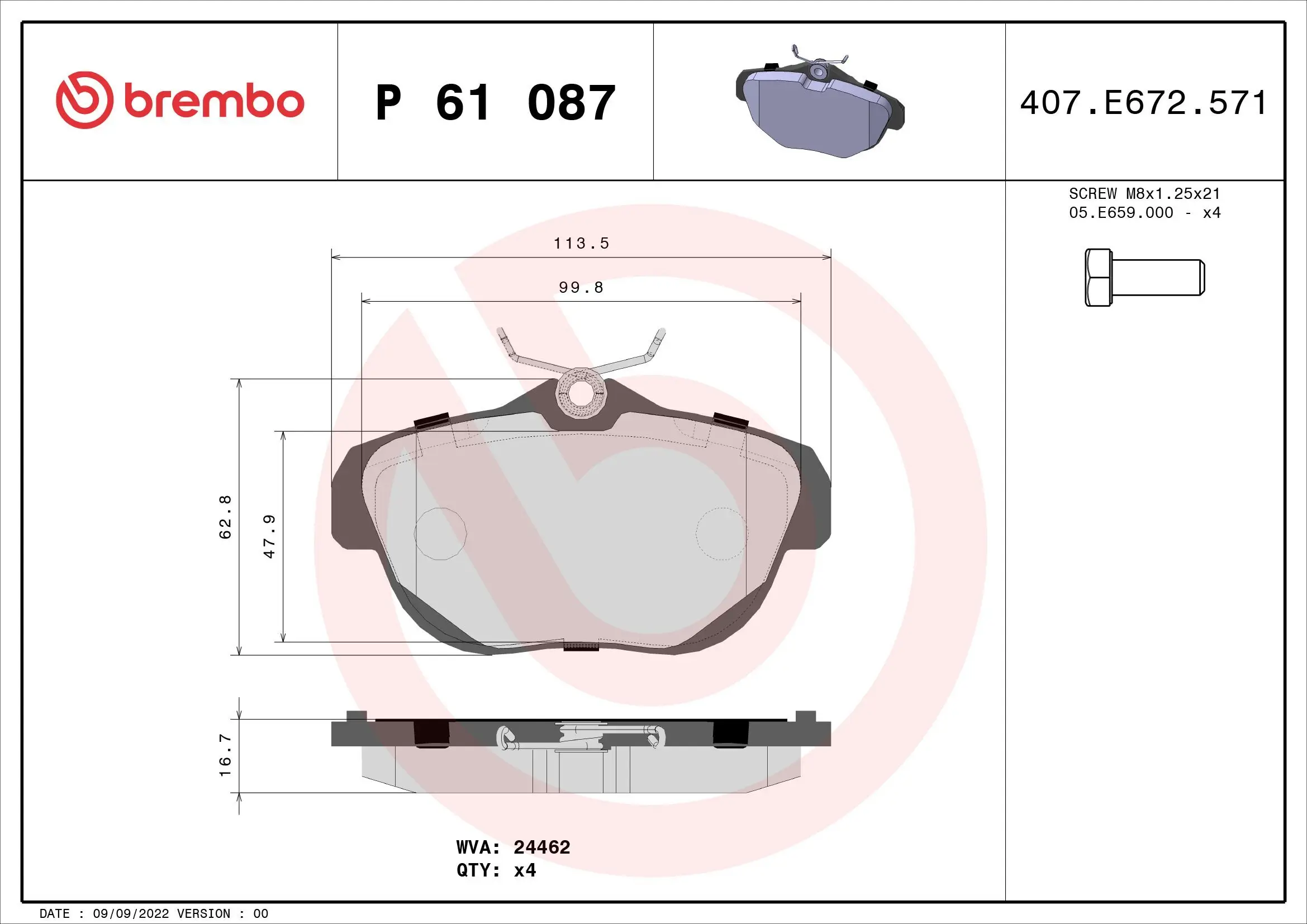 Bremsbelagsatz, Scheibenbremse Hinterachse BREMBO P 61 087