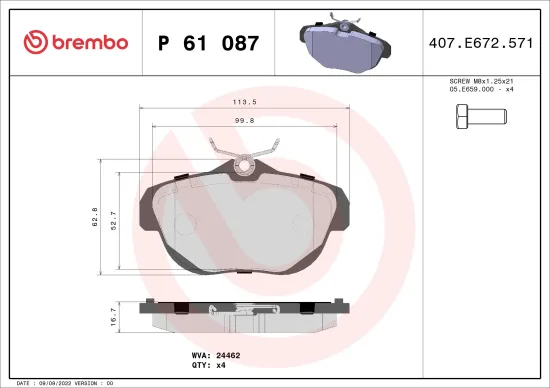 Bremsbelagsatz, Scheibenbremse Hinterachse BREMBO P 61 087 Bild Bremsbelagsatz, Scheibenbremse Hinterachse BREMBO P 61 087