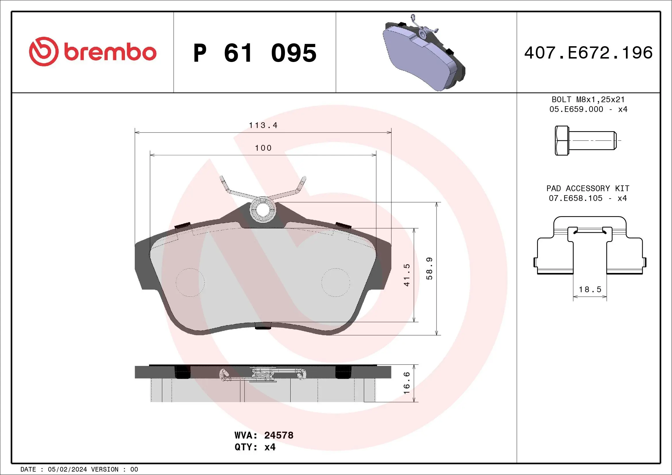 Bremsbelagsatz, Scheibenbremse Hinterachse BREMBO P 61 095