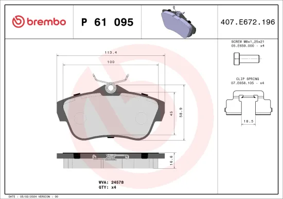 Bremsbelagsatz, Scheibenbremse Hinterachse BREMBO P 61 095 Bild Bremsbelagsatz, Scheibenbremse Hinterachse BREMBO P 61 095