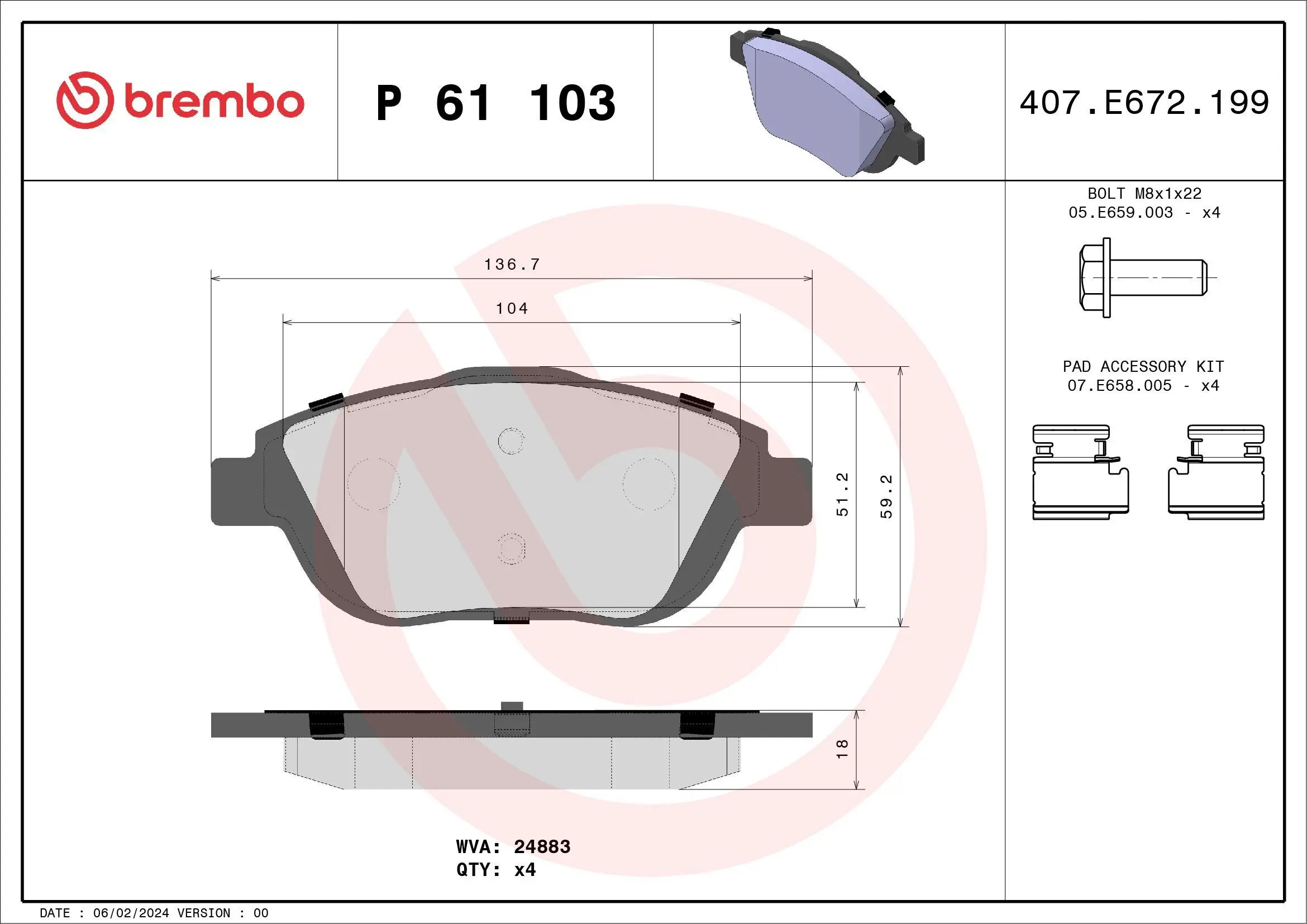 Bremsbelagsatz, Scheibenbremse BREMBO P 61 103X