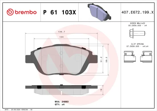 Bremsbelagsatz, Scheibenbremse BREMBO P 61 103X Bild Bremsbelagsatz, Scheibenbremse BREMBO P 61 103X