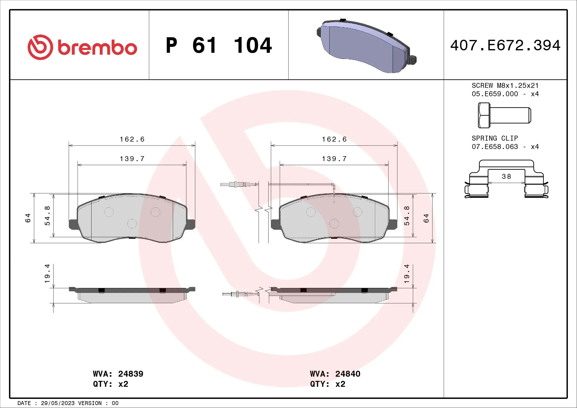 Bremsbelagsatz, Scheibenbremse BREMBO P 61 104