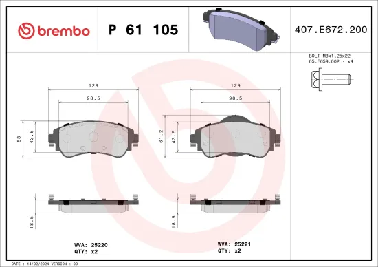 Bremsbelagsatz, Scheibenbremse Vorderachse BREMBO P 61 105 Bild Bremsbelagsatz, Scheibenbremse Vorderachse BREMBO P 61 105