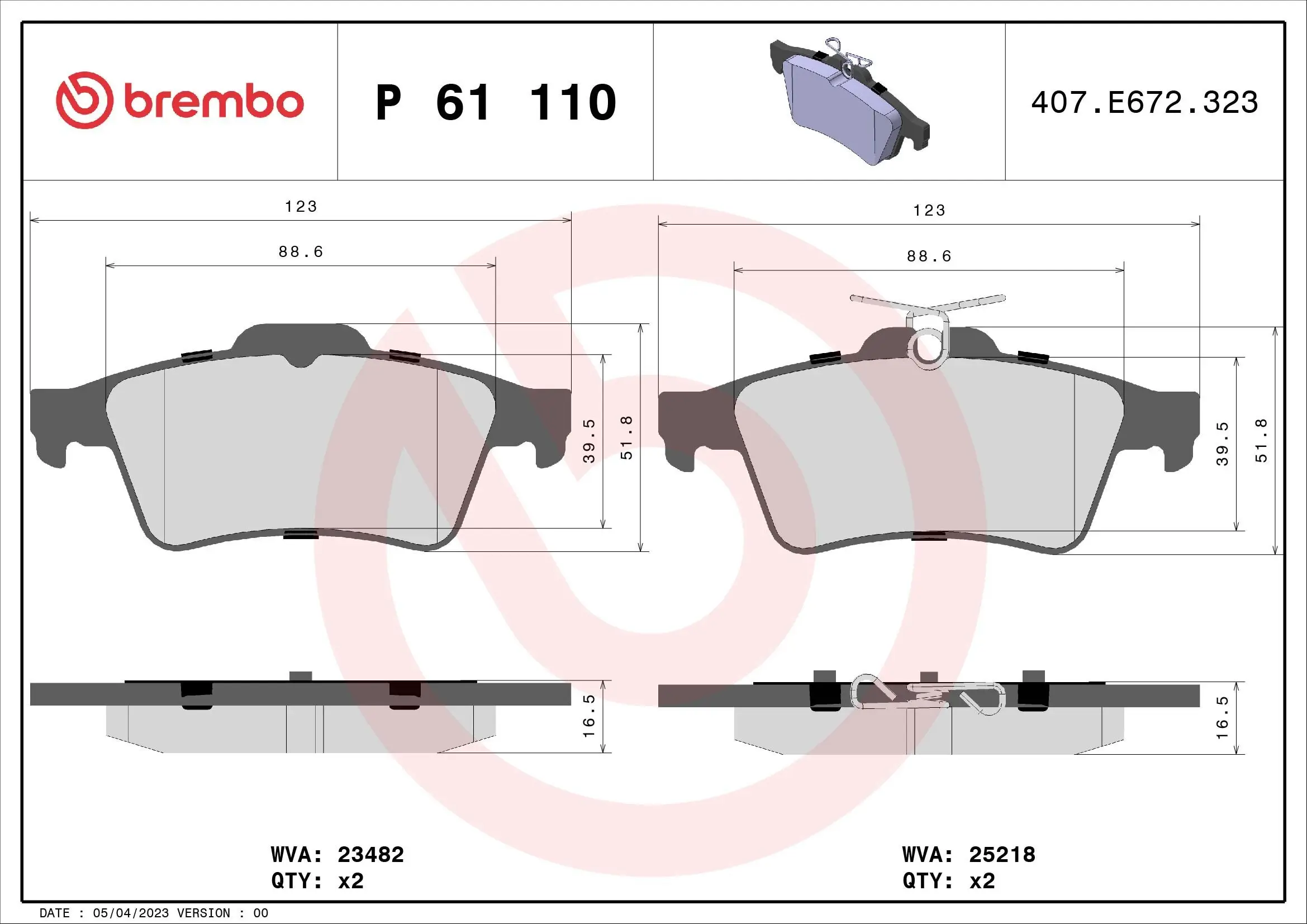 Bremsbelagsatz, Scheibenbremse Hinterachse BREMBO P 61 110