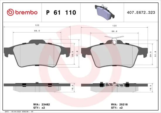 Bremsbelagsatz, Scheibenbremse Hinterachse BREMBO P 61 110 Bild Bremsbelagsatz, Scheibenbremse Hinterachse BREMBO P 61 110