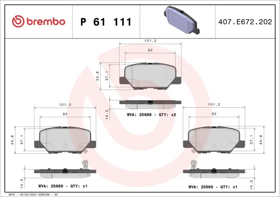 Bremsbelagsatz, Scheibenbremse Hinterachse BREMBO P 61 111 Bild Bremsbelagsatz, Scheibenbremse Hinterachse BREMBO P 61 111
