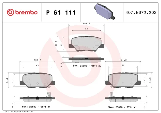 Bremsbelagsatz, Scheibenbremse Hinterachse BREMBO P 61 111 Bild Bremsbelagsatz, Scheibenbremse Hinterachse BREMBO P 61 111