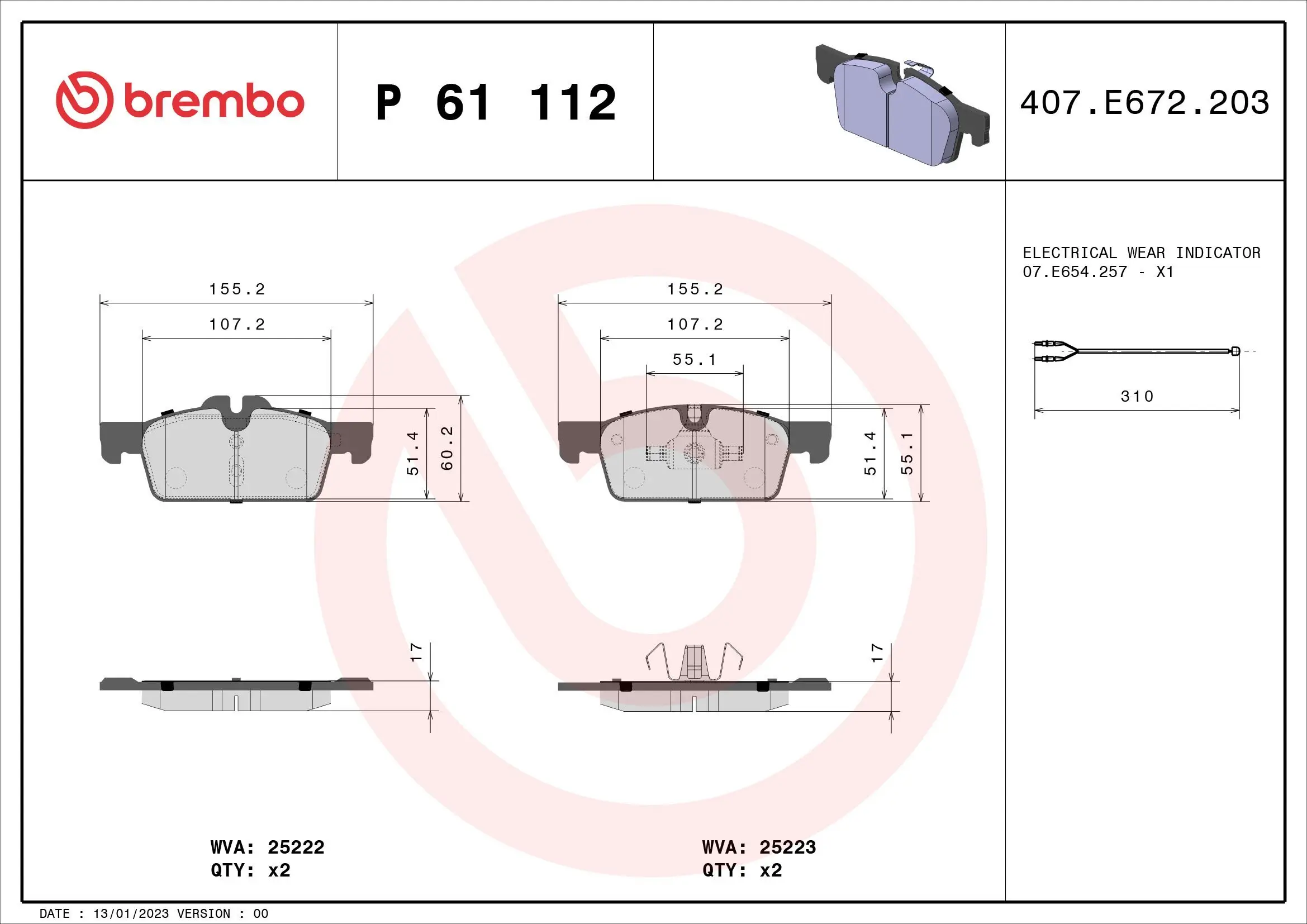 Bremsbelagsatz, Scheibenbremse Vorderachse BREMBO P 61 112
