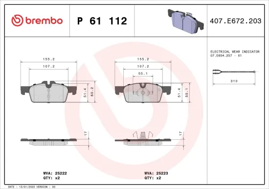 Bremsbelagsatz, Scheibenbremse Vorderachse BREMBO P 61 112 Bild Bremsbelagsatz, Scheibenbremse Vorderachse BREMBO P 61 112