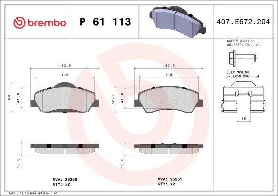 Bremsbelagsatz, Scheibenbremse Vorderachse BREMBO P 61 113 Bild Bremsbelagsatz, Scheibenbremse Vorderachse BREMBO P 61 113