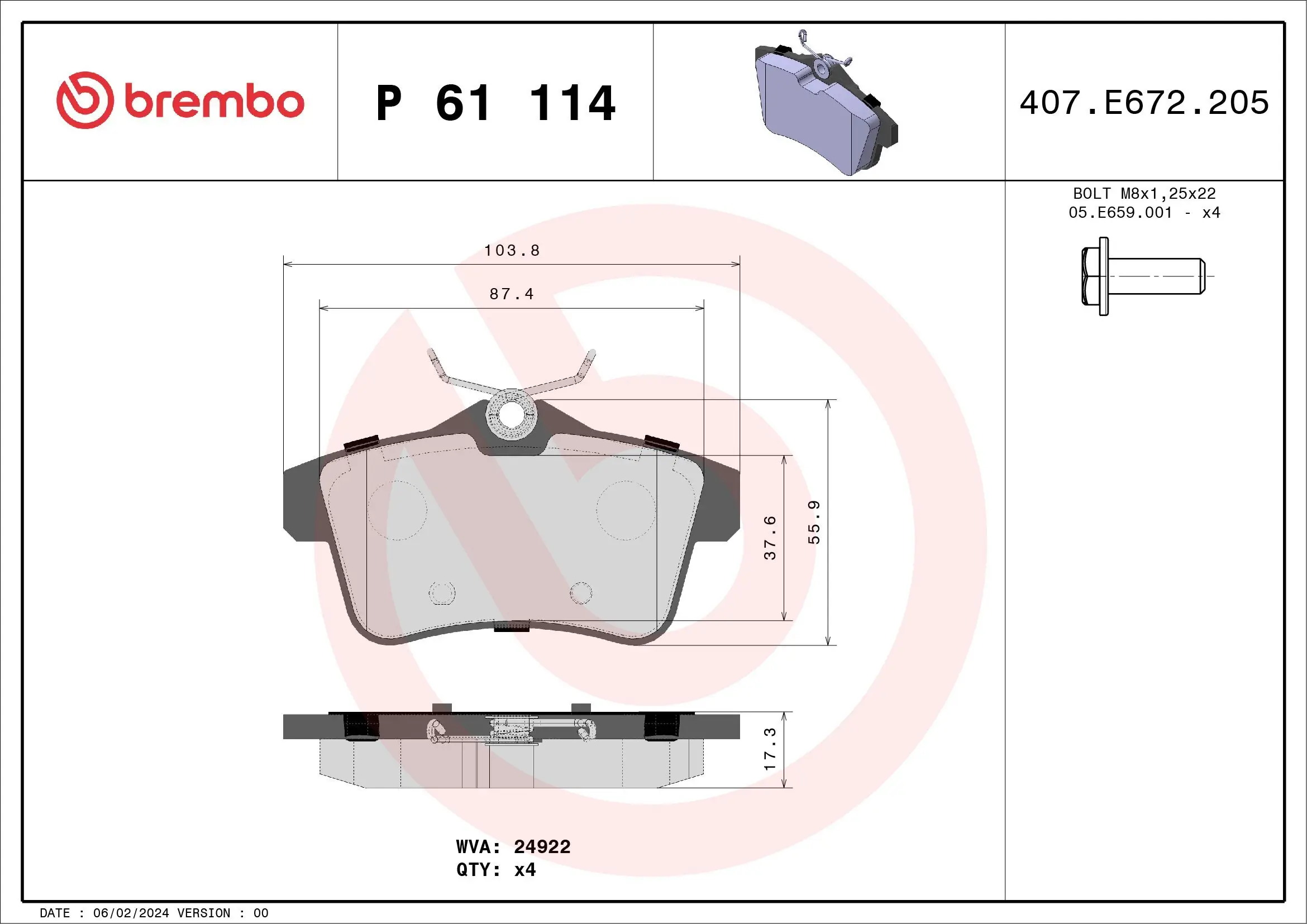 Bremsbelagsatz, Scheibenbremse Hinterachse BREMBO P 61 114