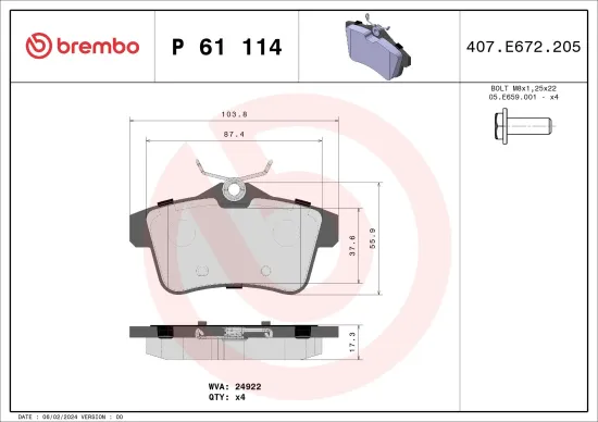 Bremsbelagsatz, Scheibenbremse Hinterachse BREMBO P 61 114 Bild Bremsbelagsatz, Scheibenbremse Hinterachse BREMBO P 61 114