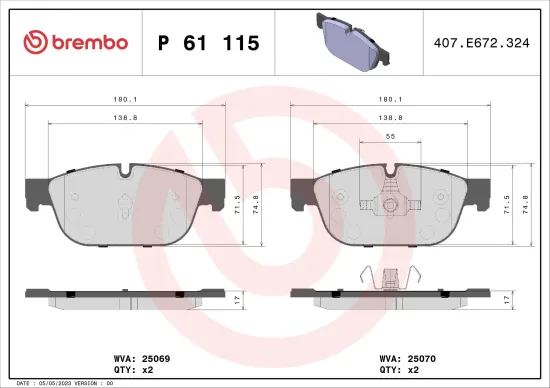 Bremsbelagsatz, Scheibenbremse Vorderachse BREMBO P 61 115 Bild Bremsbelagsatz, Scheibenbremse Vorderachse BREMBO P 61 115