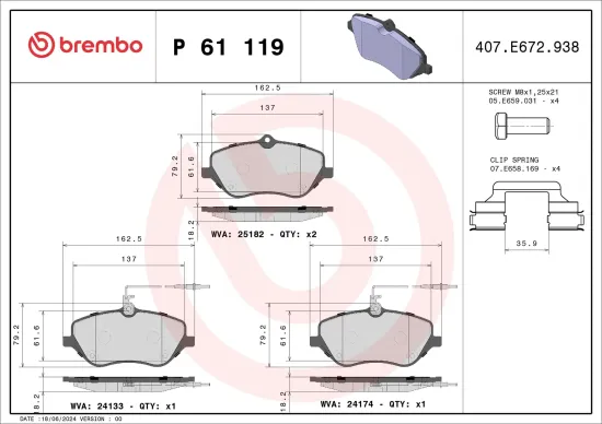 Bremsbelagsatz, Scheibenbremse Vorderachse BREMBO P 61 119 Bild Bremsbelagsatz, Scheibenbremse Vorderachse BREMBO P 61 119