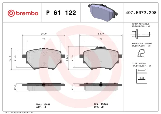 Bremsbelagsatz, Scheibenbremse BREMBO P 61 122 Bild Bremsbelagsatz, Scheibenbremse BREMBO P 61 122