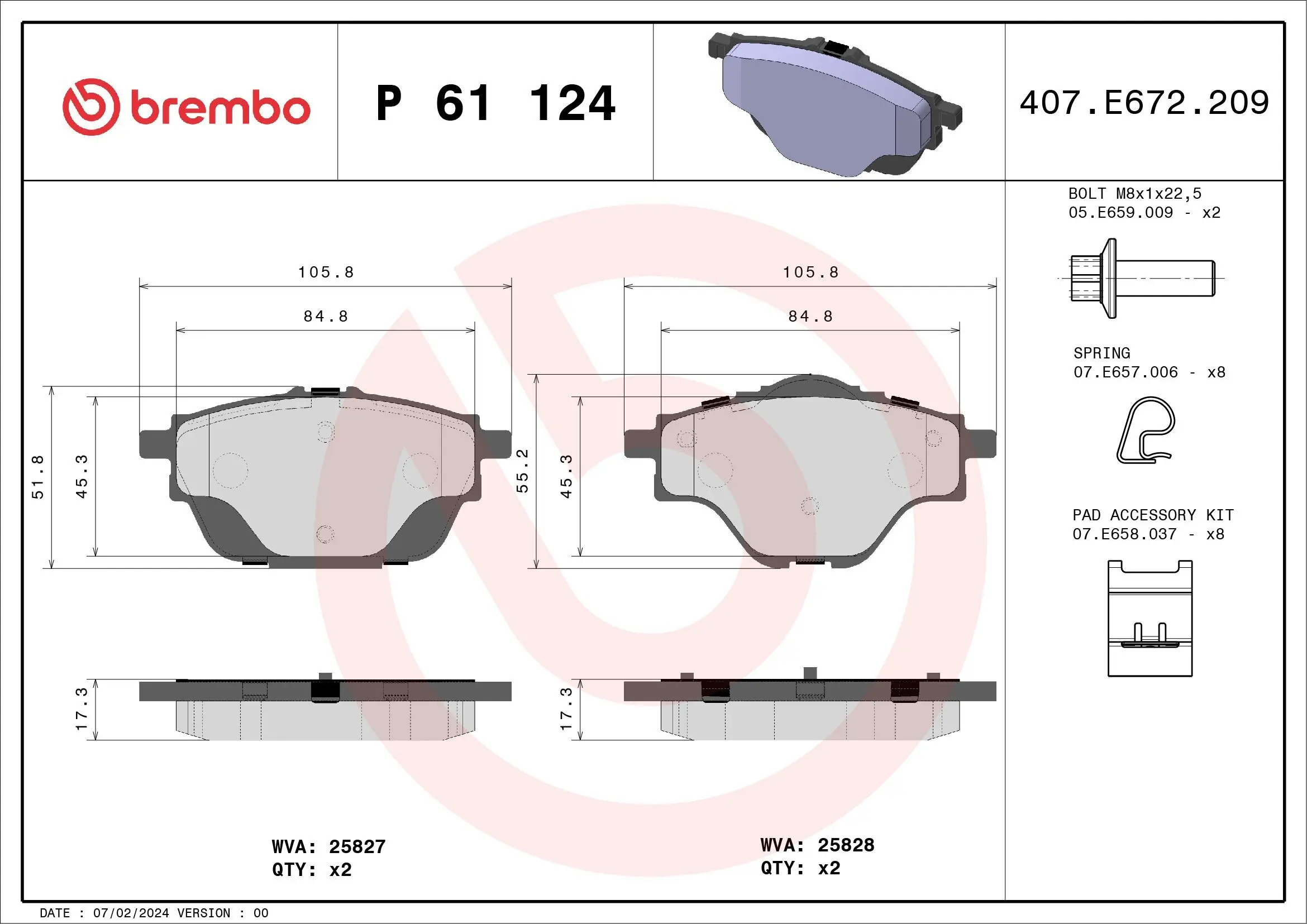 Bremsbelagsatz, Scheibenbremse BREMBO P 61 124