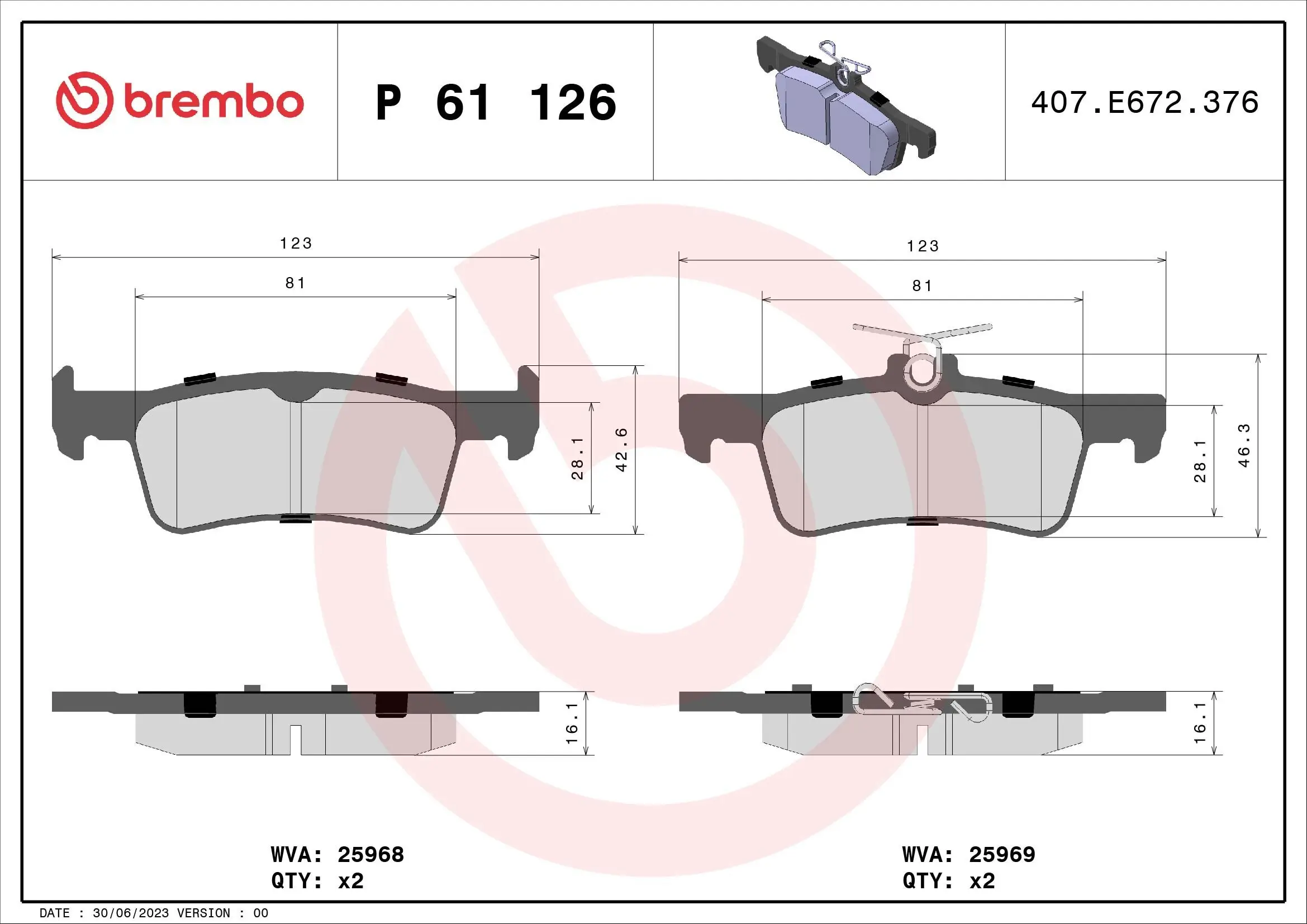 Bremsbelagsatz, Scheibenbremse BREMBO P 61 126 Bild Bremsbelagsatz, Scheibenbremse BREMBO P 61 126