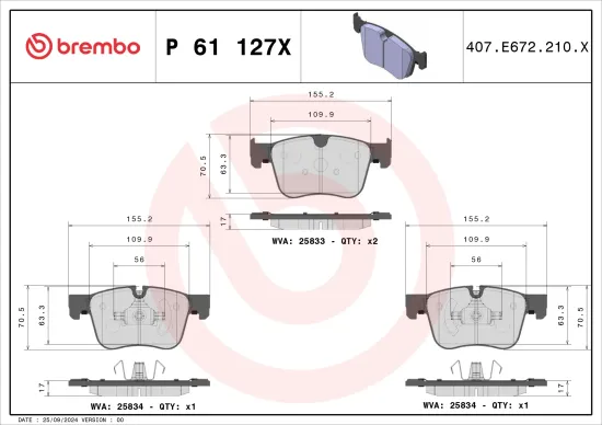Bremsbelagsatz, Scheibenbremse Vorderachse BREMBO P 61 127X Bild Bremsbelagsatz, Scheibenbremse Vorderachse BREMBO P 61 127X